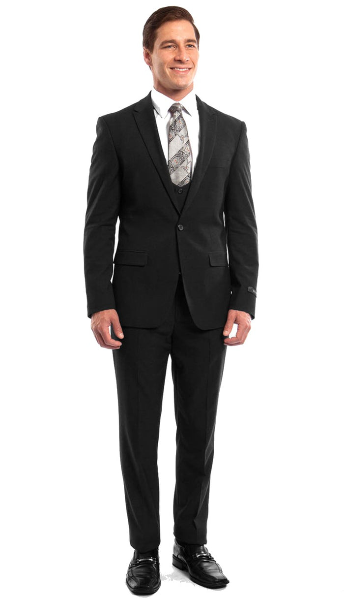 Stretch Fabric 4 Way Slim Fitted Mens Suit in Color Black Peak Lapel One Button Vested 3 Piece