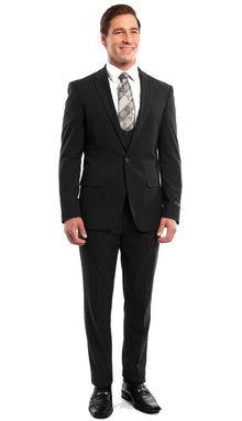 Stretch Fabric 4 Way Slim Fitted Mens Suit in Color Black Peak Lapel One Button Vested 3 Piece