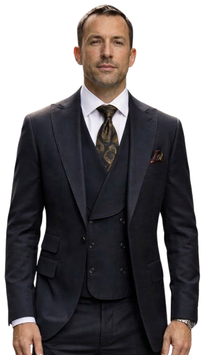 Mens Wool Suit - Ticket Pocket Big Lapel Single button Double breasted Vest By Statement in Color Black Modern Fit
