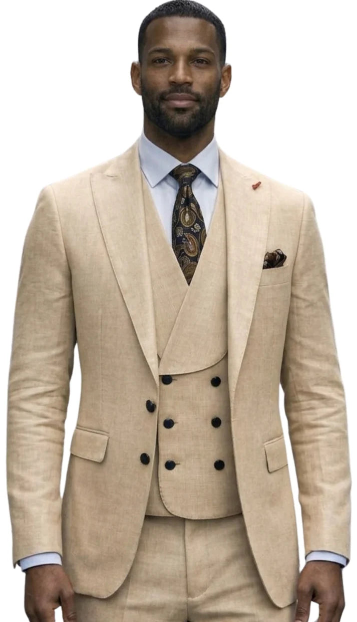 Mens Wool Suit - Ticket Pocket Big Lapel Single button Double breasted Vest By Statement in Color Caramel Modern Fit
