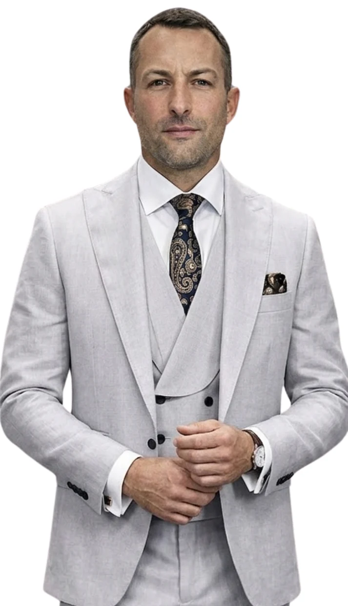 Mens Wool Suit - Ticket Pocket Big Lapel Single button Double breasted Vest By Statement in Color Grey Modern Fit