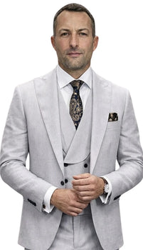 Mens Wool Suit - Ticket Pocket Big Lapel Single button Double breasted Vest By Statement in Color Grey