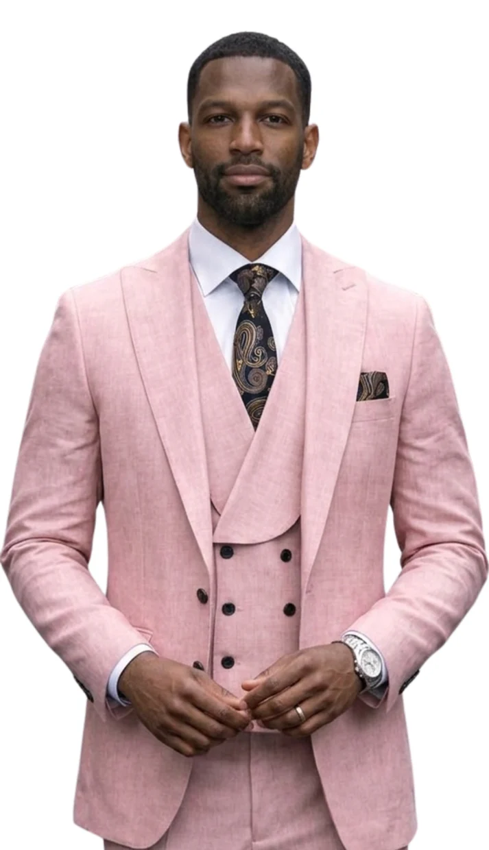 Mens Wool Suit - Ticket Pocket Big Lapel Single button Double breasted Vest By Statement in Color Mauve Modern Fit