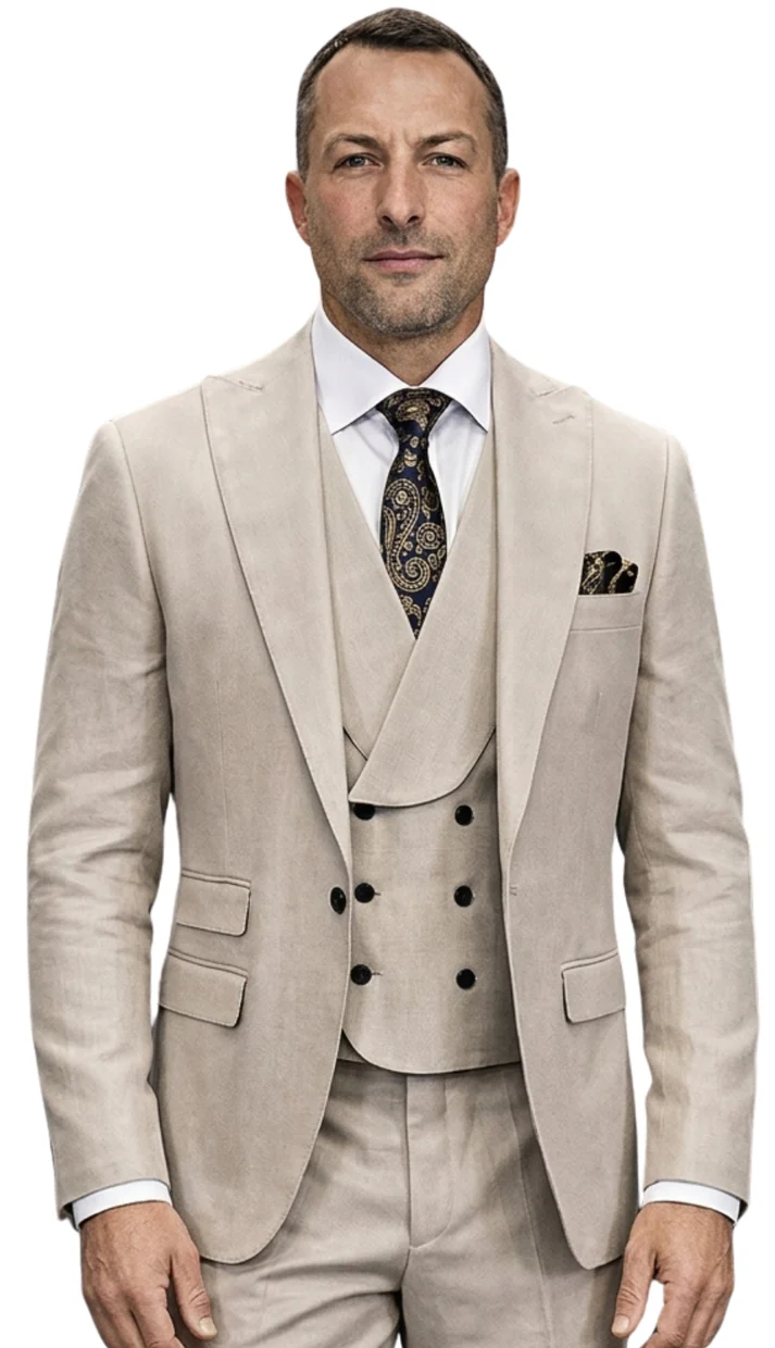Mens Wool Suit - Ticket Pocket Big Lapel Single button Double breasted Vest By Statement in Color Tan Modern Fit