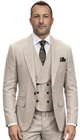 Mens Wool Suit - Ticket Pocket Big Lapel Single button Double breasted Vest By Statement in Color Tan Modern Fit