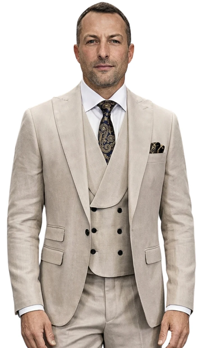 Mens Wool Suit - Ticket Pocket Big Lapel Single button Double breasted Vest By Statement in Color Tan Modern Fit