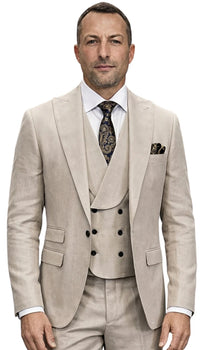 Mens Wool Suit - Ticket Pocket Big Lapel Single button Double breasted Vest By Statement in Color Tan