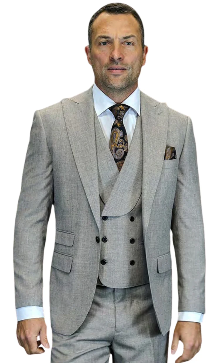Mens Wool Suit - Ticket Pocket Big Lapel Single button Double breasted Vest By Statement in Color Taupe Modern Fit