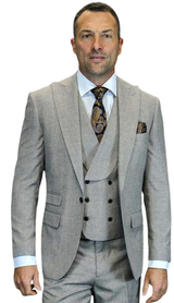 Mens Wool Suit - Ticket Pocket Big Lapel Single button Double breasted Vest By Statement in Color Taupe Modern Fit