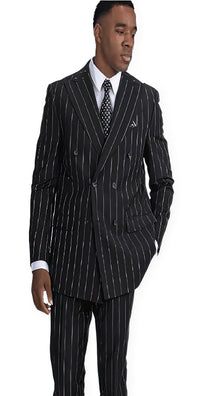 Men's Double Breasted Black Button Closure Poly ~ Rayon Peak Lapel Vested Suit