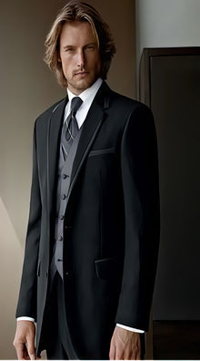 Black Suit Gray Vest 2 Button Black suit with Grey vest 3PC 3 Pieces Vested suit