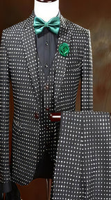 Men's One Button Polka Dot Designed Black Vested Suit