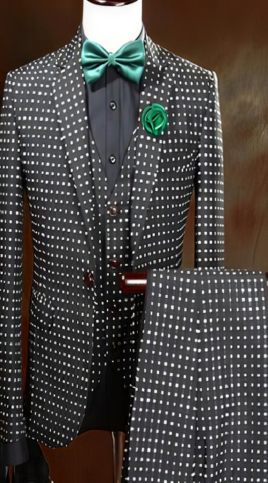Men's One Button Polka Dot Designed Black Vested Suit