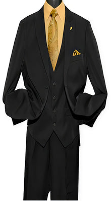 Mens Fashion 2 Button Black Vested Peak Lapel Suit
