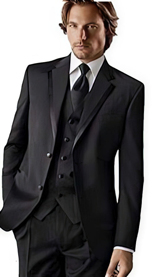 Men's Groomsman Trimmed  Classic Fit Black Tuxedo Vested Suit