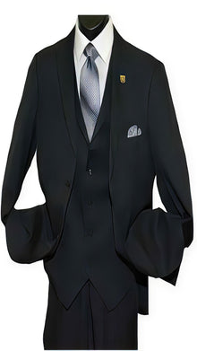 Men's Black 2 Button Side Vent Peak Lapel V-Neck Vested Suit