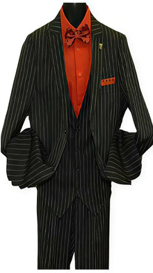 Men's Peak Lapel Striped Two Button  Vested Suit Black
