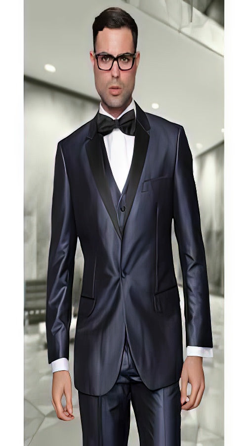 Indigo ~ Bright Blue Men'S Two Toned Vested 2 Buttons Suit With Black Lapel Italian Tuxedo Looking - 100% Percent Wool Fabric Suit - Worsted Wool Business Suit