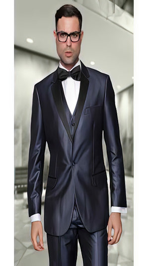 Indigo ~ Bright Blue Men'S Two Toned Vested 2 Buttons Suit With Black Lapel Italian Tuxedo Looking - 100% Percent Wool Fabric Suit - Worsted Wool Business Suit