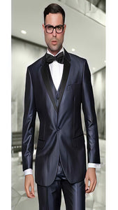 Indigo ~ Bright Blue Men'S Two Toned Vested 2 Buttons Suit With Black Lapel Italian Tuxedo Looking - 100% Percent Wool Fabric Suit - Worsted Wool Business Suit