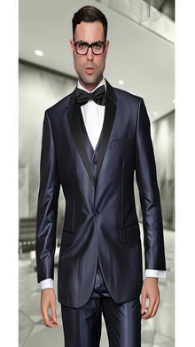 Indigo ~ Bright Blue Men'S Two Toned Vested 2 Buttons Suit With Black Lapel Italian Tuxedo Looking - 100% Percent Wool Fabric Suit - Worsted Wool Business Suit