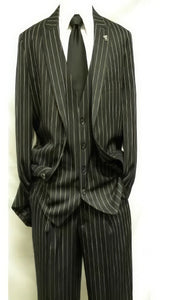 3 Piece Gangster Stripe Mars Vested Fashion Suit Black