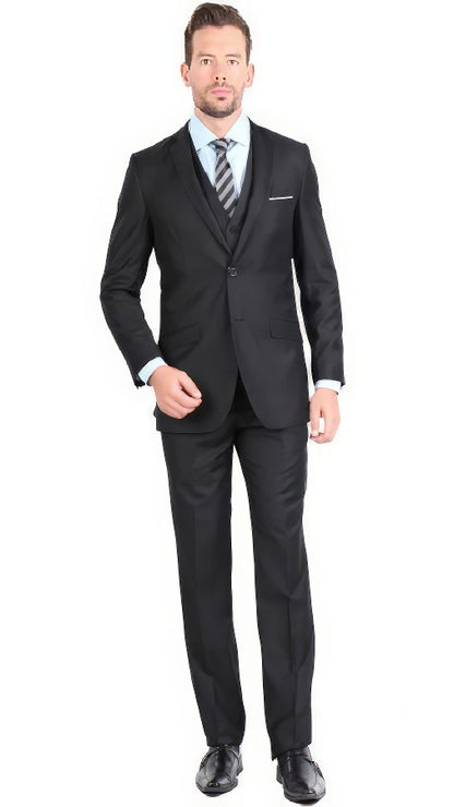Men’s Black 3-Piece Vested Suit – Two-Button Formal Suit with Vest & Flat-Front Pants