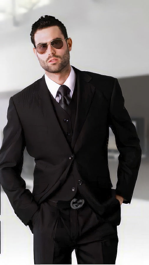 Men's Classic 3 Piece  Extra Fine Fabric 2 Button Black Tone on Tone Suit - Shadow Stripe - Seersucker Fabric Summer Fabric Cotton Fabric - Black on Black Stripe