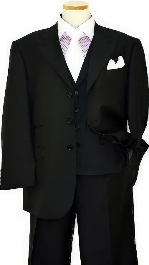 Mens Notch Lapel Three buttons Solid Black Vested Lapeled Vested 3PC Suit Wide leg Pleated pants