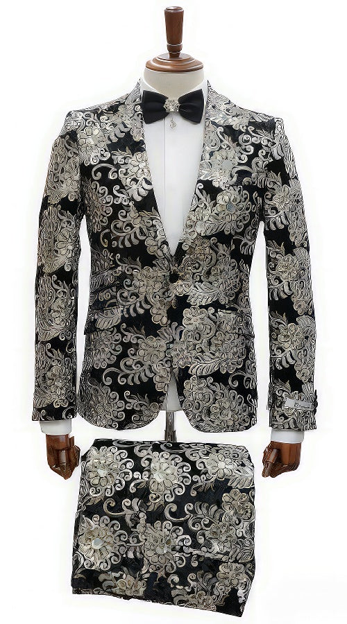 Black and Gold and Silver Sequin Suit - Shiny Prom Tuxedo Slim Fit Suit - Image 9