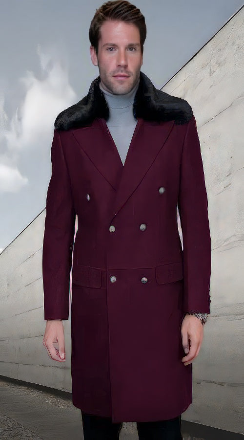 Statement Double Breasted Burgundy Removable Fur