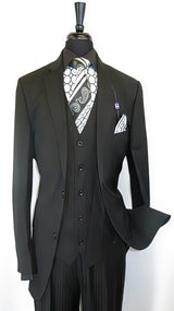 Vinci Men's Black On Black Shadow Stripe Style Two Buttons  Vested Suit