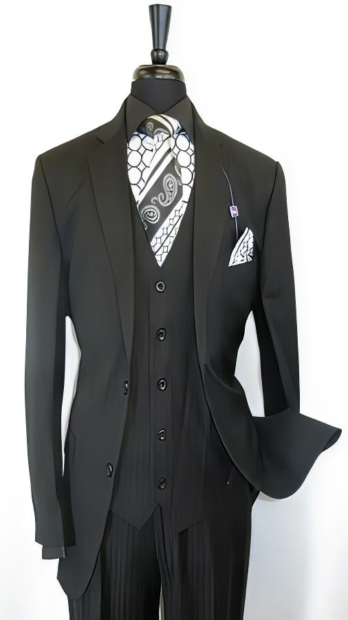 Vinci Men's Black On Black Shadow Stripe Style Two Buttons  Vested Suit