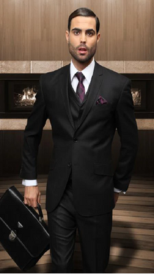 Nice 3PC 2 Button Solid Black Suit With A Vest Super 150'S Extra Fine Italian - Three Piece Suit - 100% Percent Wool Fabric Suit - Worsted Wool Business Suit