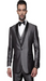Classic Vested 1 Button Shawl Collar Charcoal Grey Sheen Look With Black Lapel Suit  Flat - Three Piece Suit