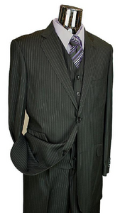 Men'S Black Stripe ~ Pinstripe Vested 3 Piece 2 Button Flat Front Pants Three Piece Suit