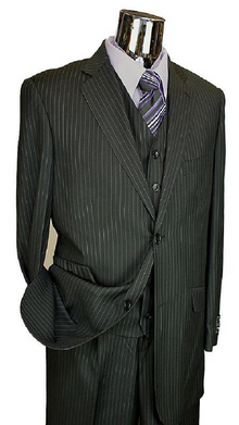 Men'S Black Stripe ~ Pinstripe Vested 3 Piece 2 Button Flat Front Pants Three Piece Suit