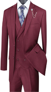 Burgundy Square Plaid Men's Suit 3 Piece Burgundy Suit