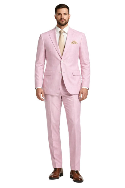 Modern Fit Summer 2 Piece 2 Button Suit Striped Seersucker in Navy