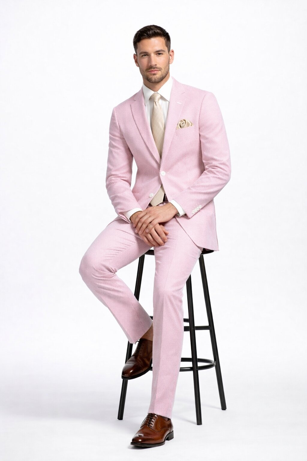 Modern Fit Summer 2 Piece 2 Button Suit Striped Seersucker in Navy