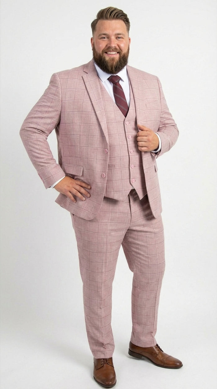 Mens Dusty Rose Three Piece Plaid Suit – Pink Check Wedding and Business Formal Suit Set Windowpane Pattern  Modern Fit