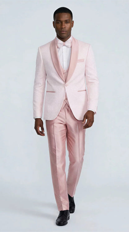 Pink Patterned Tuxedo Set with Shawl Lapel – Wedding & Prom
