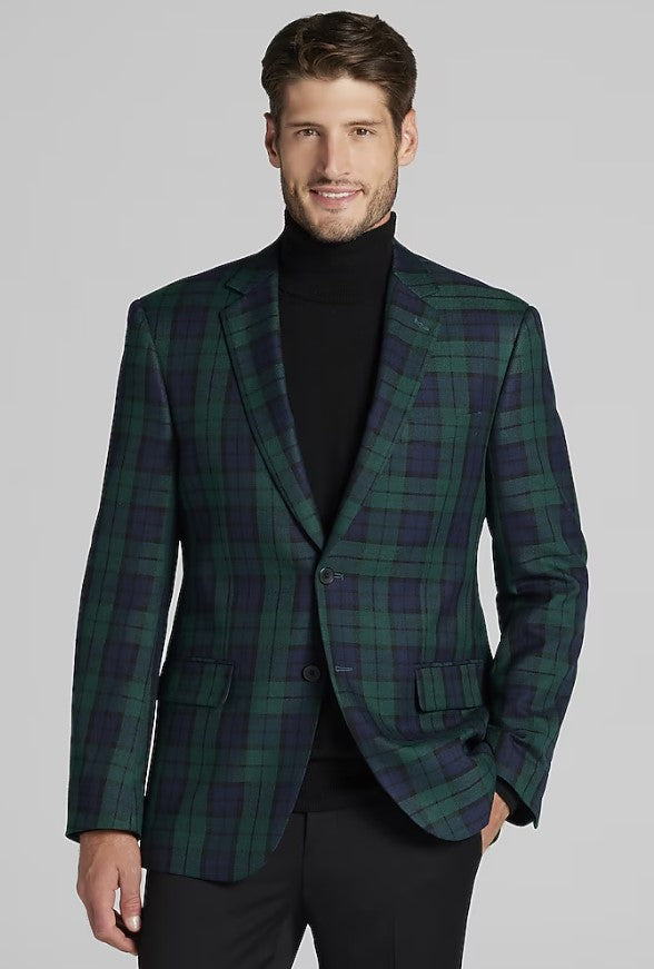 Men’s Green Tartan Plaid Dinner Jacket with Notch Lapel, Formal Sportcoat Blazer