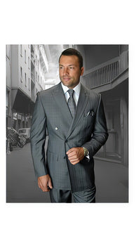 Mens Plaid ~ Windowpane Checker Mens Double Breasted Suits Jacket Suit (Blazer Sport Coat + Pants) Soft Light Weight Fabric