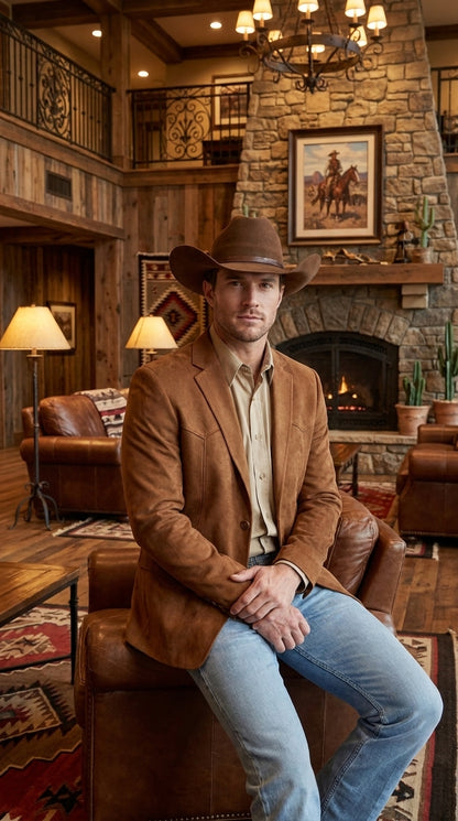 Platini Mens Faux Suede Western Blazer – Brown Cowboy Jacket with Western Detailing Coganc Rust