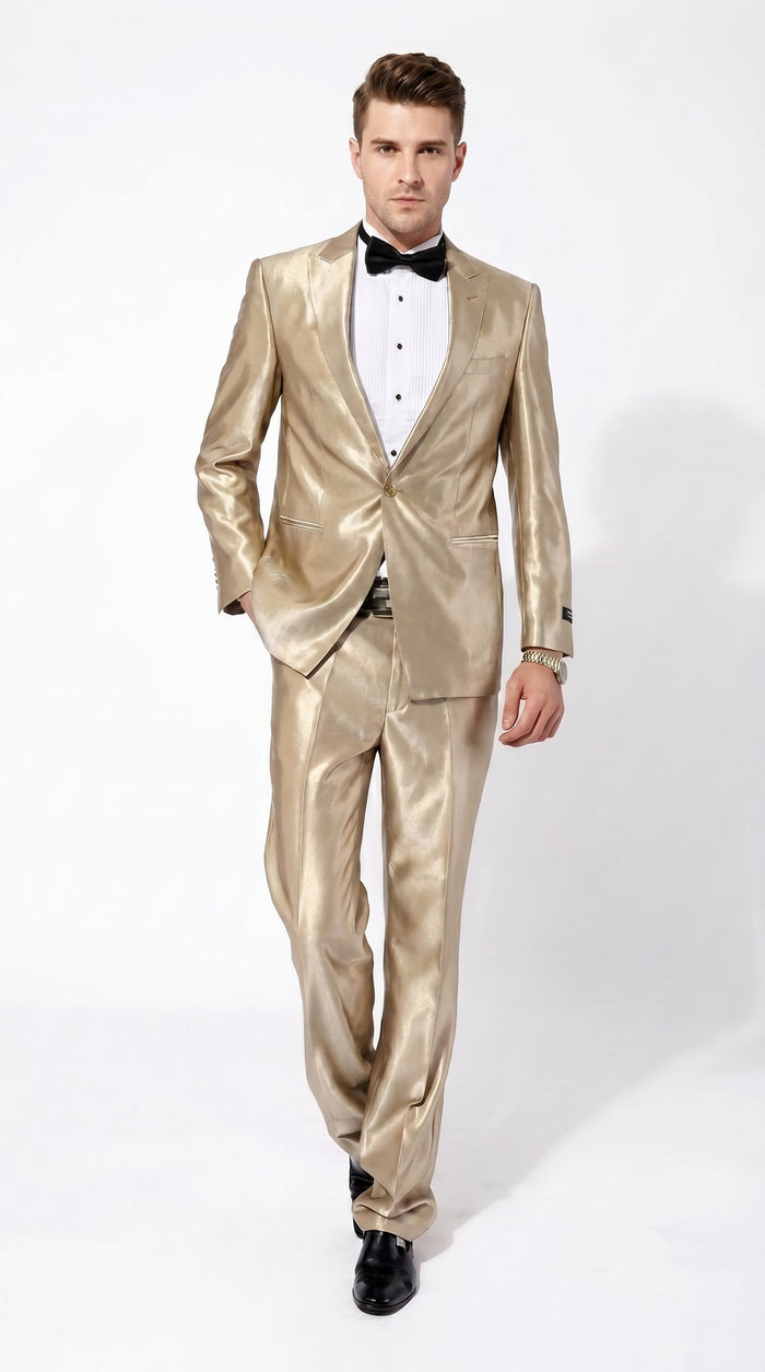 Men’s Champagne Tan Shiny Sharkskin 2 Button Suit, Formal Wedding Prom Dress Suit