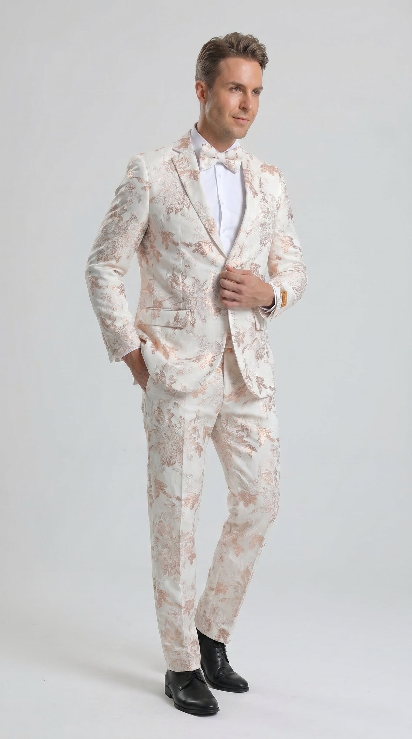 Men’s Gold and White Prom Suit with Floral Pattern Jacket, Matching Pants and Bow Tie Modern Fit