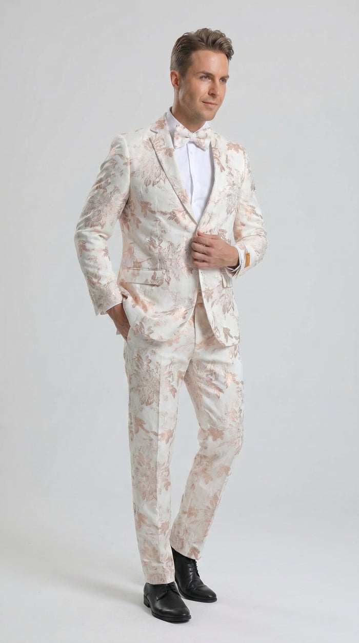 Men’s Gold and White Prom Suit with Floral Pattern Jacket, Matching Pants and Bow Tie Modern Fit
