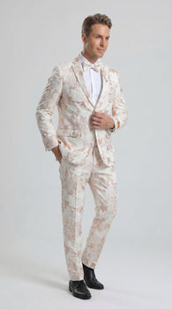 Men’s Gold and White Prom Suit with Floral Pattern Jacket, Matching Pants and Bow Tie