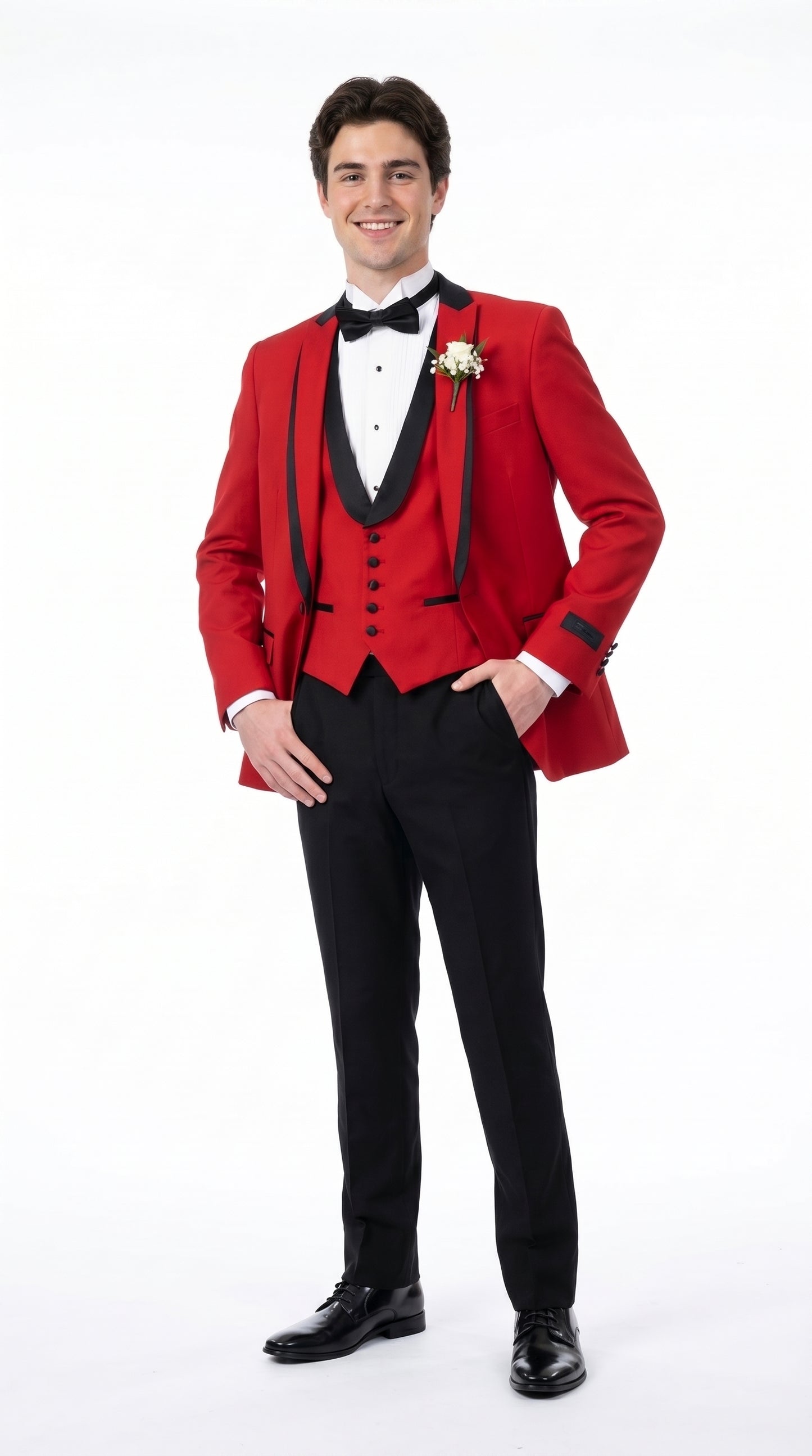 Men’s Red Prom Tuxedo Suit with Vest and Black Trim, Formal Wedding Dinner Suit